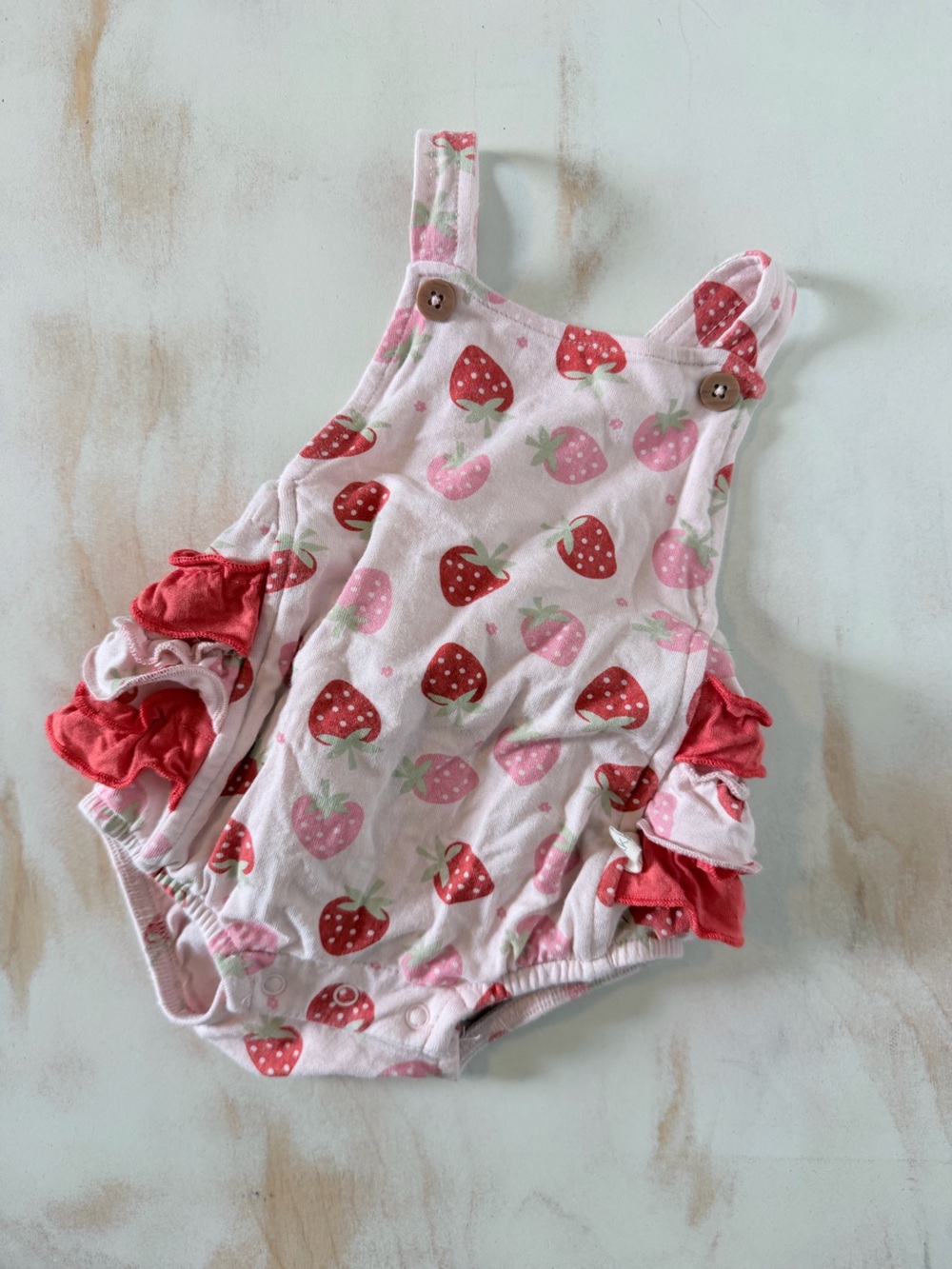 Pink Strawberry Print Baby One-Piece Bodysuit with Ruffle Sides
